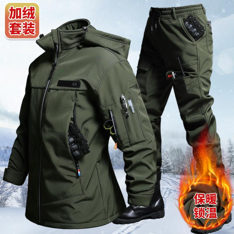 Outdoor Adventure Outfit - ชุดเสื้อแจ็คเก็ตและกางเกงกำมะหยี่กันน้ำสำหรับฤดูใบไม้ร่วงและฤดูหนาว สำหรับผู้ชาย ขี่จักรยาน เดินป่า ตั้งแคมป์ เสื้อผ้าสำหรับการผจญภัย